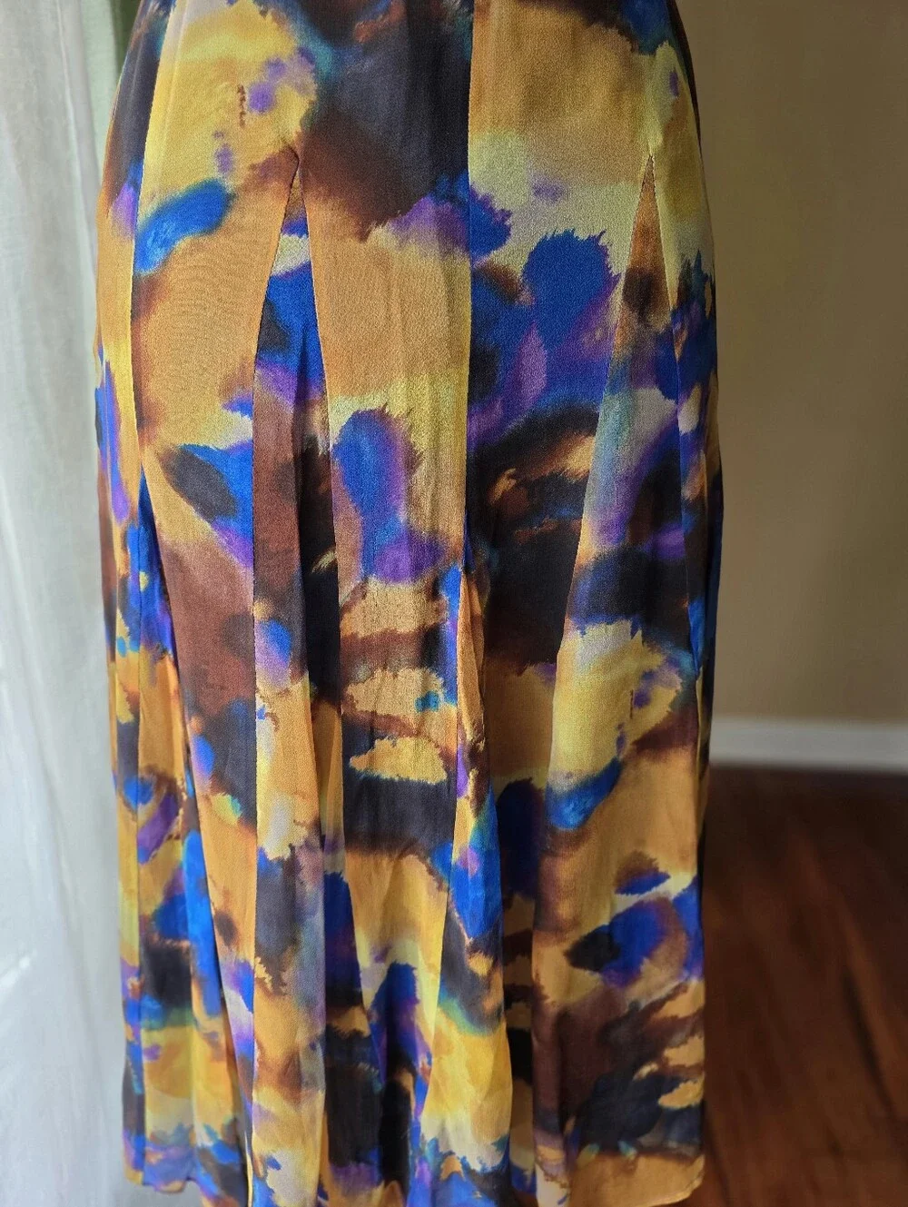 100% Silk Pleated Midi Skirt Petite 6P Abstract Blue Gold Brown Jones New York